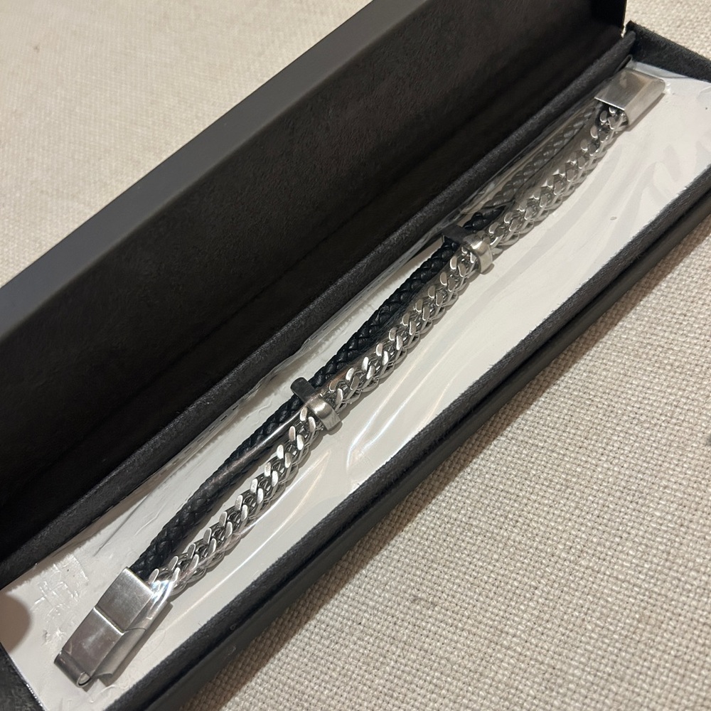 Men's Black Braided Leather Bracelet with Silver Chain Accents